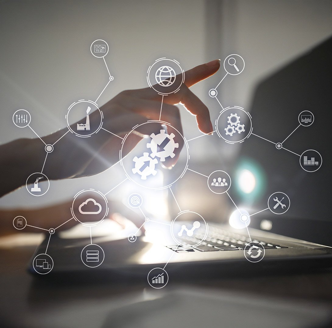 a hand pointing to a screen and illustrations of API and system integrations