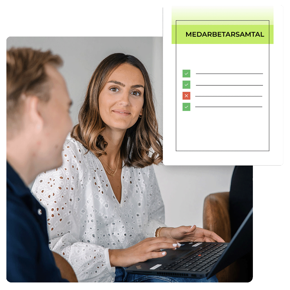 Woman looking into camera and an illustration from the HR system.