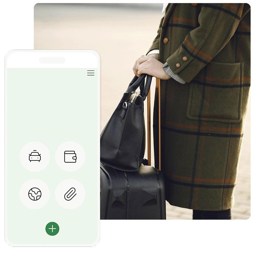 Woman travelling and a picture of an app. 